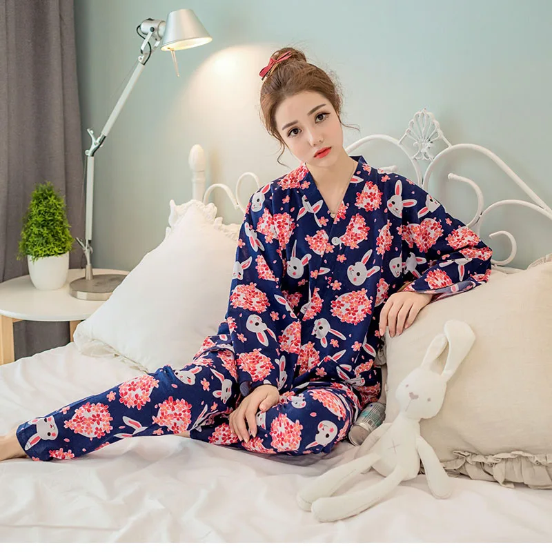 Japanese Cherry Cute Rabbit Pajamas Set Kimono Suit Tracksuit Cotton