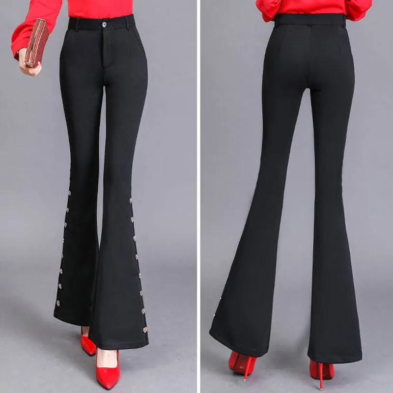 Черные элегантные офисные женские брюки клеш с эластичным поясом брюки женские повседневные однотонные брюки-клеш женские штаны