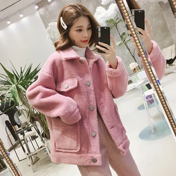 

lambs Jackets 2019 Winter Women Casual Imitation Single Breasted Turn-down Collar Solid Loose Sweet With Pockets Female Jackets