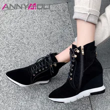 ANNYMOLI Women Boots Autumn Ankle Boots Cow Suede Zipper Wedges Heel Short Boots Lace Up Super High Heel Shoes Ladies Size 34-39 ANNYMOLI Women Boots Autumn Ankle Boots Cow Suede Zipper Wedges Heel Short Boots Lace Up Super High Heel Shoes Ladies Size 34-39