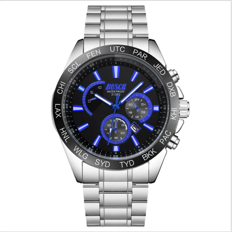 Men's female wrist watch double calendar night light waterproof fine steel band male watch student non-mechanical quartz watch. night watch