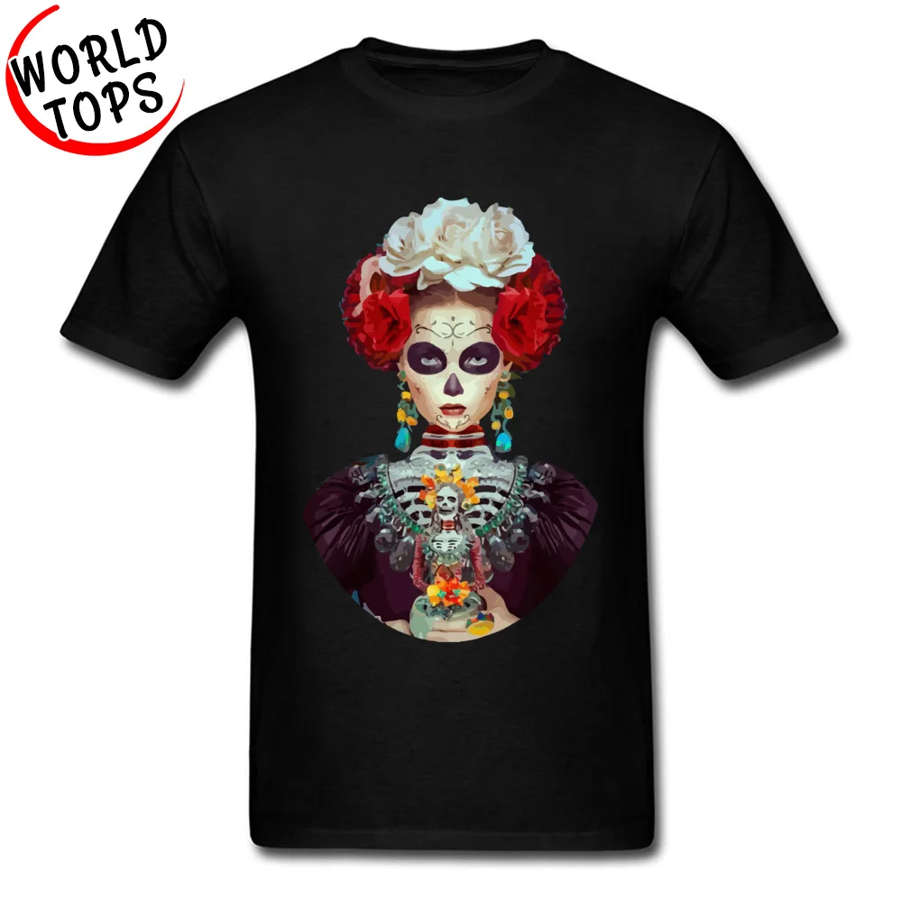 Funny Custom Summer 100% Cotton Crewneck Men Tops Shirt Printed On Top T-shirts High Quality Short Sleeve T-shirts Day Of The Dead Girl Mural black
