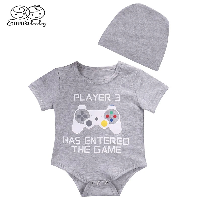 

Emmababy Summer Cotton Clothing Baby Boy Girl Short Sleeve Romper Jumper Letter Print+Hat 2Pcs Outfits Set Bodysuit Clothes