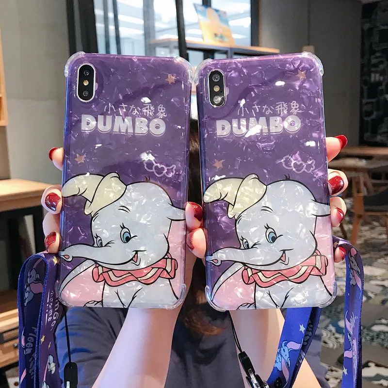 

for iphone XS max XR X DUMBO soft cover For iphone 8plus 7plus 6SP 7 8 6S Cartoon elephant coach shell back case +strap