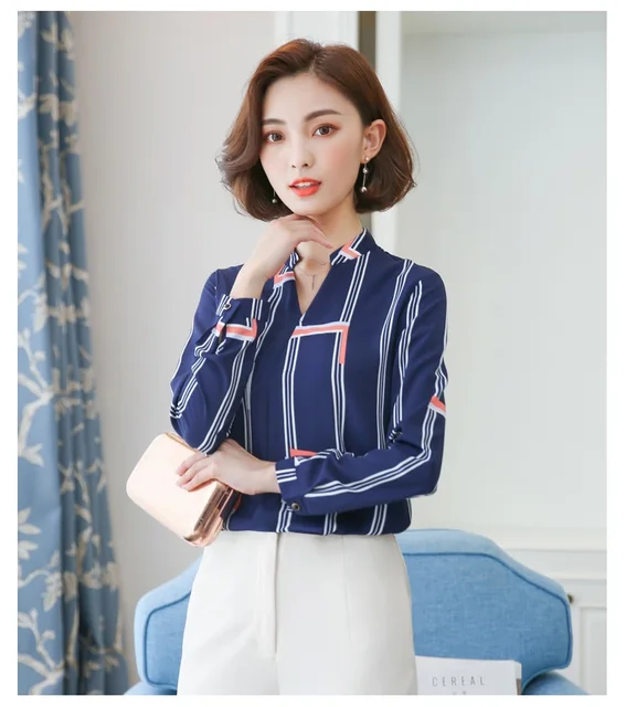 Striped Print 2019 Spring Women Long Sleeve Chiffon Shirts Korean ...