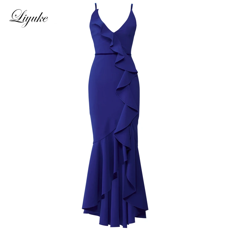 

Liyuke Backless Elegant Chiffon Sleeveless Deep V-Neckline Floor-length Royal Blue Mermaid Mother of the bride dresses