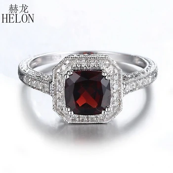 

HELON 7mm Cushion 1.81ct 100% Genuine Garnet Solid 14k White Gold Diamonds Engagement Ring Women Art Deco Wedding Fine Jewelry