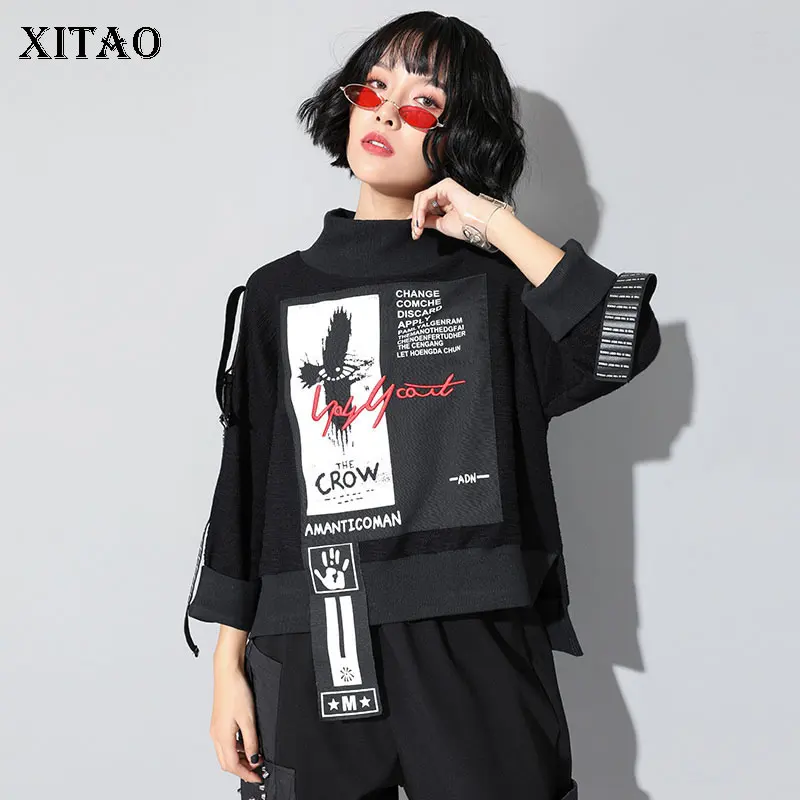 

XITAO Print Letter Pattern T-shirt Women Fashion New Pullover Patchwork Turtleneck Wild Joker Straight 2019 Autumn Tee ZLL4239