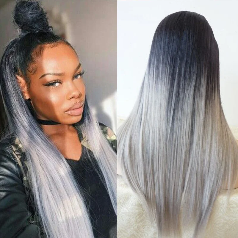 

Silk Straight Ombre Silver Grey Synthetic Lace Front Wig Glueless Two Tone Natural Black/Grey Heat Resistant Hair Wigs For Women