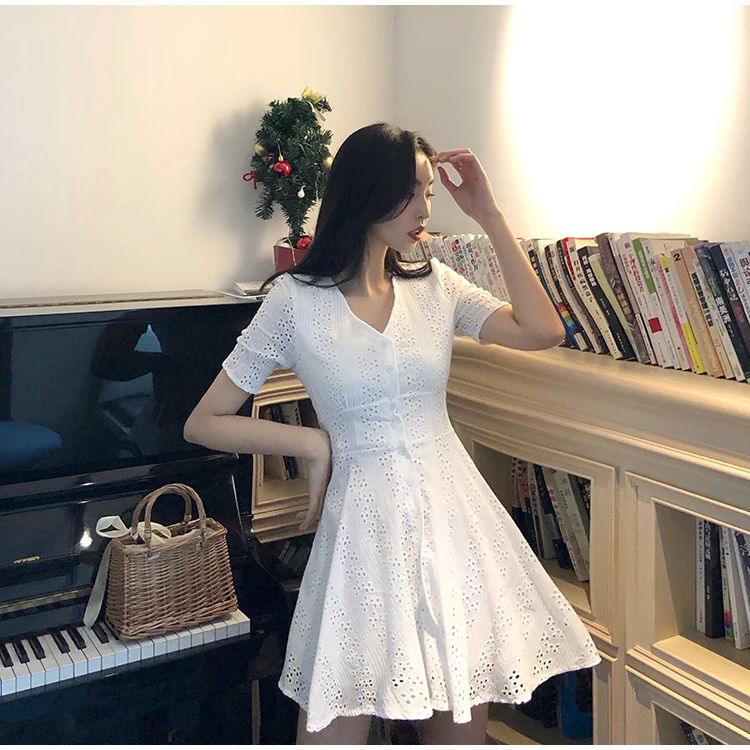 Элегантное белое платье с рукавами-фонариками и принтом «чужой кошечки», с регулируемой талией, милое летнее свободное повседневное мини-платье