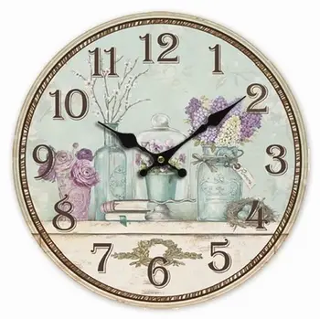 

Retro Style Purple Lavender Flower Vase Home Decorative Wall Clock Wood 34CM