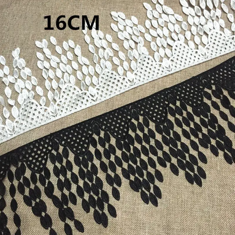 

Polyester Fringe Lace Trim White Black Leaf tassels Ribbon Sewing Craft For Costume Wedding Dress Decoration 16cm, 0.9M (1 Yard)