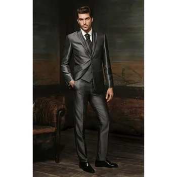 

Newest Groom men suit Tuxedos Shiny Dark Grey Groomsmen Notch Lapel Wedding Dinner mens suits with pants (Jacket+Pants+Tie+Vest)