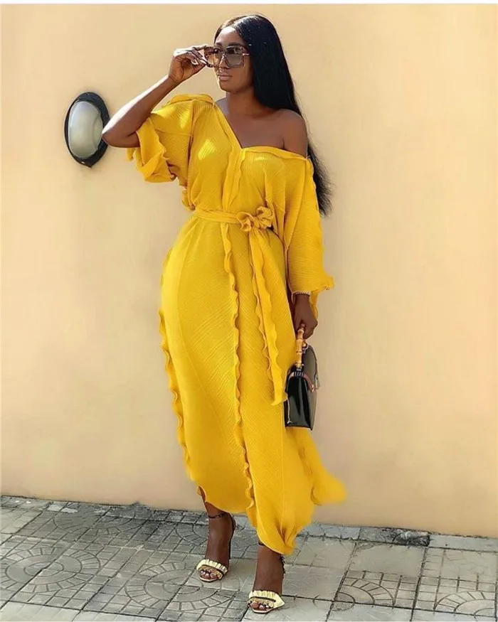 Длина 152 см, стиль, классическое Африканское женское платье, Дашики, модное плиссированное платье с воланом, свободное платье с v-образным вырезом, платье со средним рукавом, свободный размер - Цвет: Цвет: желтый
