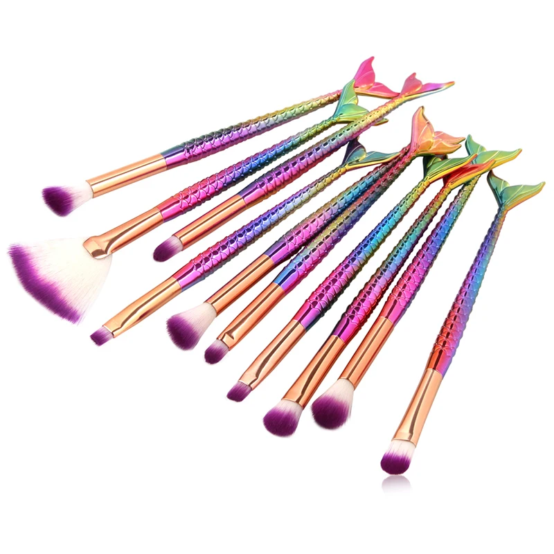 

10PCS Purple Mermaid Makeup Brushes Set Foundation Blending Powder Eye Shadow Blush Cosmetics Magic Fish Makeup Tools