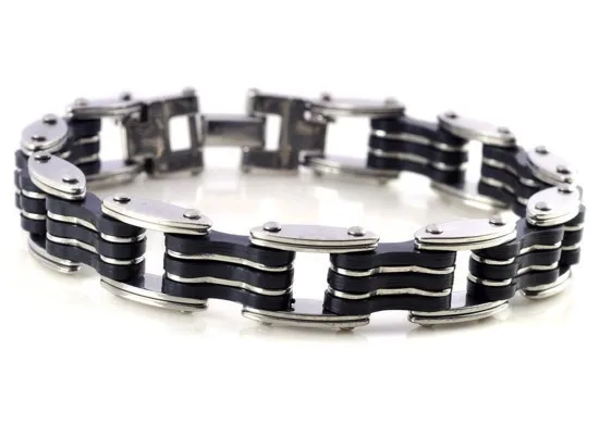 Chain bracelet AOMU Men Stainless Steel Link Chain Bracelets & Bangles Cuff Wristband Biker Motorcycle Black Silicone Bracelet