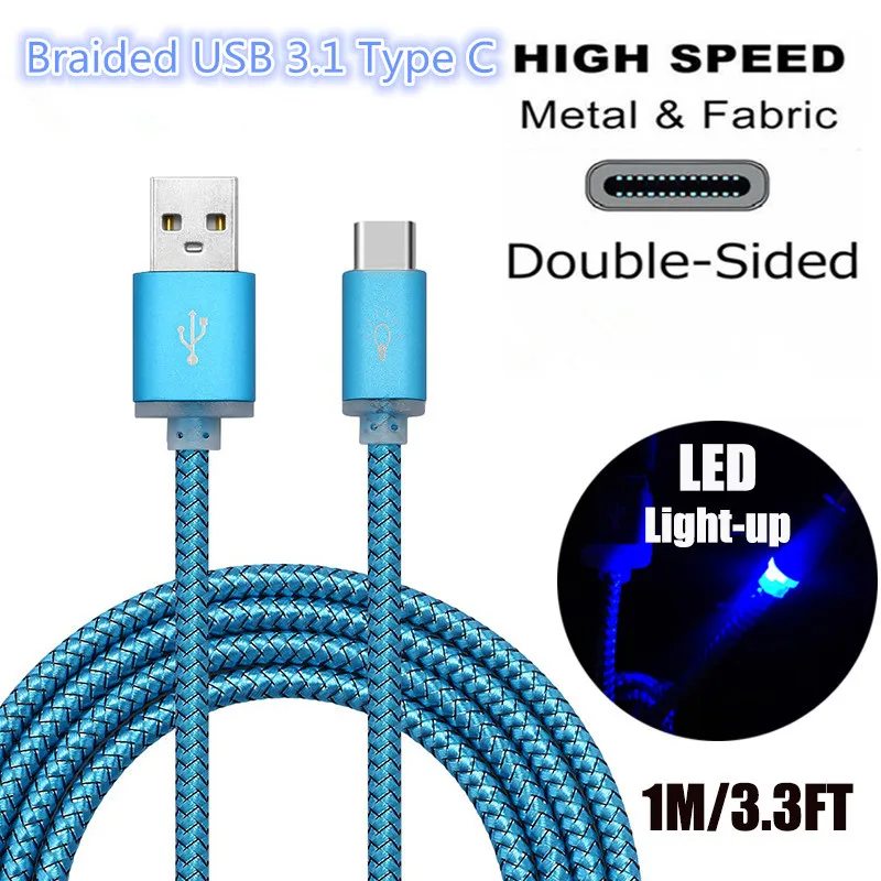 2017 New 1M Visible LED Light Up Braided USB 3.1 Type C Data Sync Charger Fast Cable For Samsung Galaxy S8plus