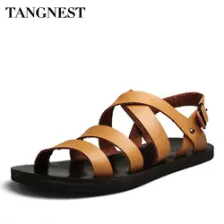 Tangnest/летние пляжные мужские сандалии из спилка с пряжкой и ремешком; однотонные мужские шлепанцы; модная дышащая мужская обувь для отдыха;