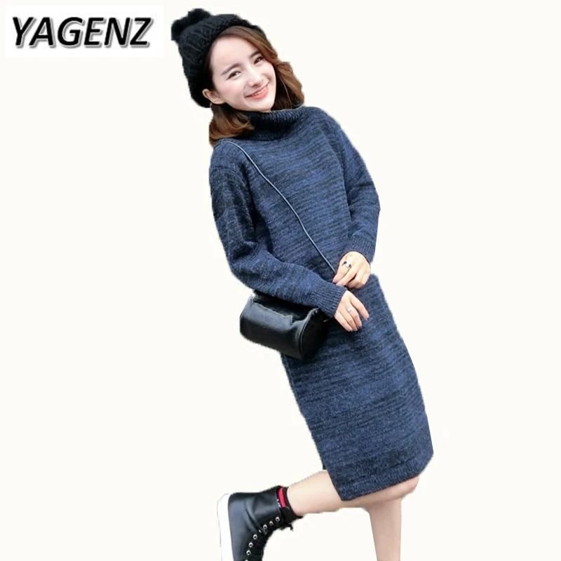 

YAGENZ Autumn Winter New Korean Turtleneck Pullover Sweater Ladies Clothing Loose Medium long Sweater Dress Warm Women Sweater