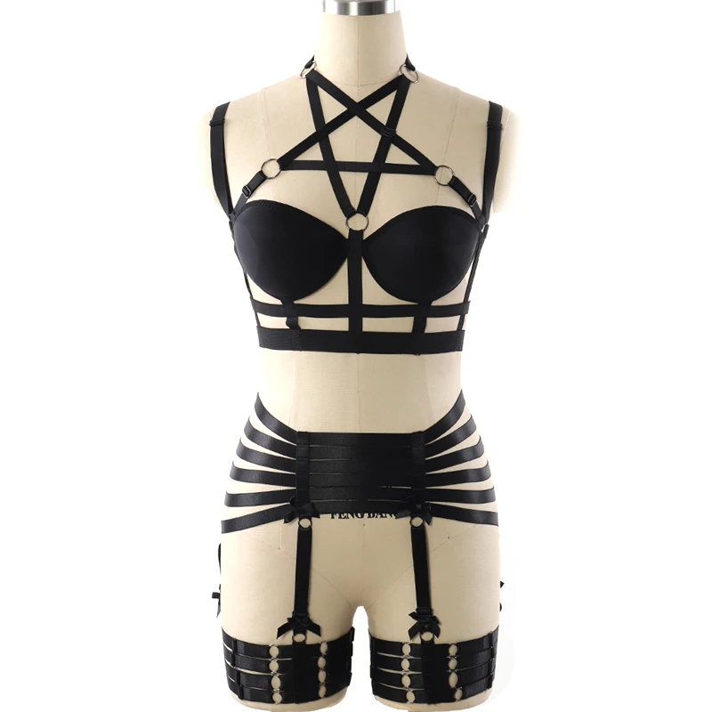 PENTAGRAM BODY HARNESS BDSM Bondage Garter Belt Set Black Elastic adjust Strap Lingerie HarajukuGoth Fetish Halloween dance Wear PENTAGRAM BODY HARNESS BDSM Bondage Garter Belt Set Black Elastic adjust Strap Lingerie HarajukuGoth Fetish Halloween dance Wear