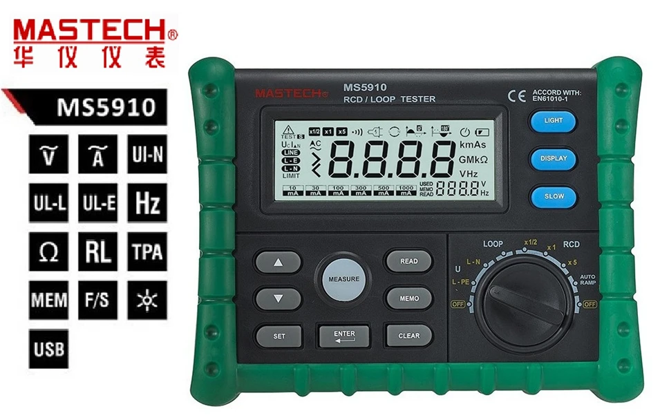 

MASTECH MS5910 GFCI Tester Circuit Trip-out Current / Time Test RCD Loop Resistance Tester with USB Interface