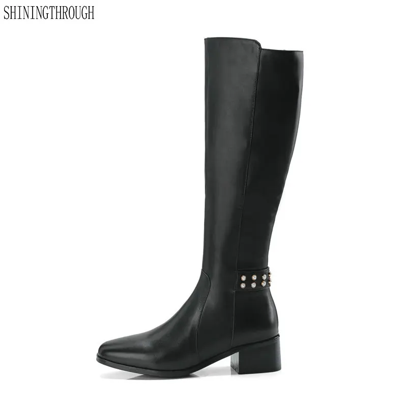 

Cow leather women knee high boots med heels western boots woman ladies casual shoes winter autumn boots large size 43