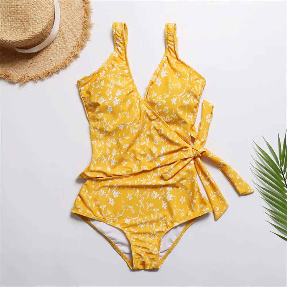 

Wrap One Piece Swimsuit Women Floral Print Swimwear Belt Monokini Open Back Swim Suit Bandage Trikini Yellow Bathing Suit Beach