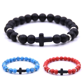 

Black Bracelet Elastic Adjustable Women Unisex Cross Beads Handmade Natural Stone Hand Work Free Shipping Blue Red Men 1PC