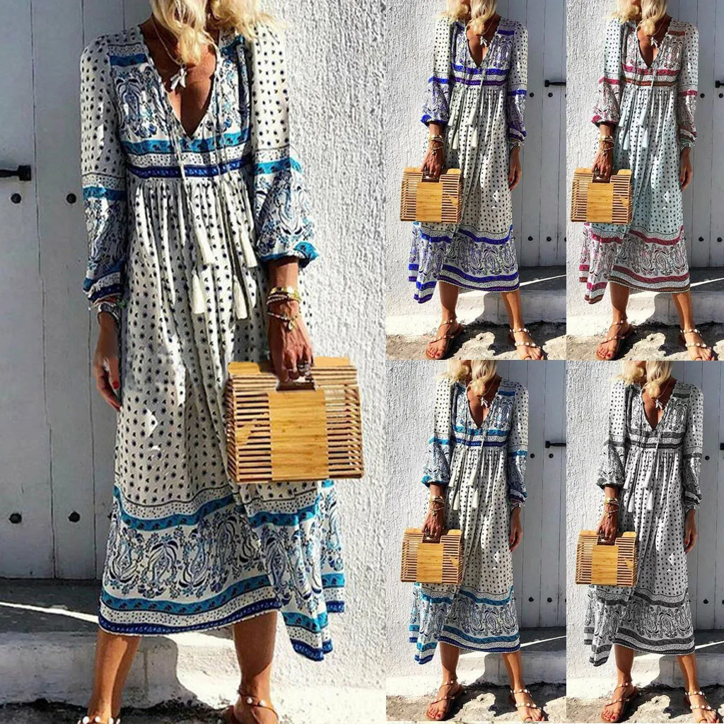 

Hawcoar New Fashion Women Casual Plus Size Diurnal Boho V Neck Floral Printed Long Sleeve Holiday Long Dress платье Z4