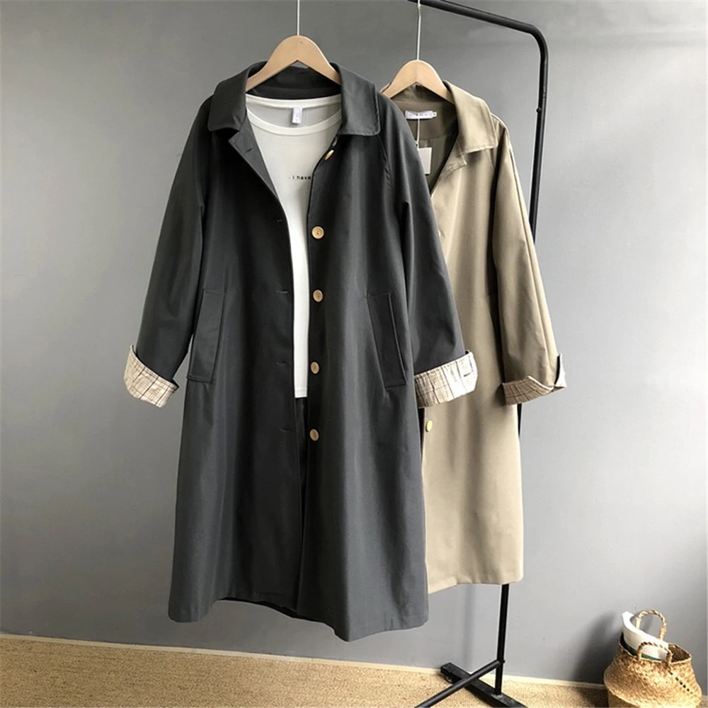 

Women's spring autumn long solid color windbreaker simple light retro casual cuff hit color single-breasted long windbreaker