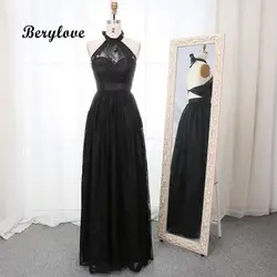 Berylove 2019 довольно длинные черные кружева вечерние платья Холтер Вечерние платья с открытой спиной Для женщин пляжные Стиль вечернее платье