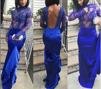 

Arabic Royal Blue Evening Dress Sexy Backless Long Sleeves Evening Dress 2019 Slim Tight Long Party Dresses Illusion Tops Formal