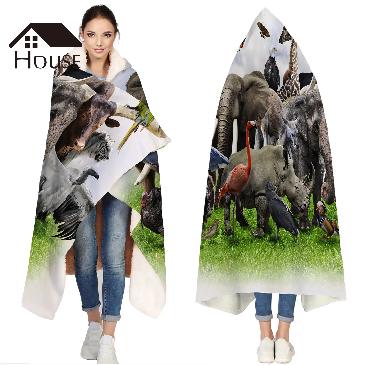 

Portable Wearable Fluffy Custom Hooded Blanket 3D Wild Animals Zoo Fleece Hooded Throw Blanket