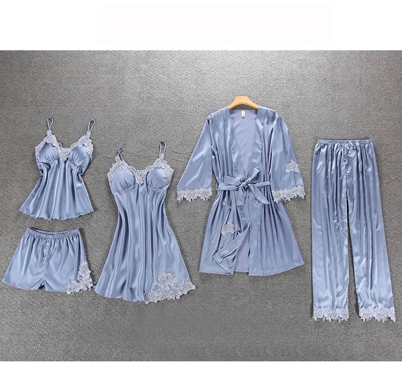 Атласная однотонная кружевная пижама с длинными рукавами для женщин, комплект из 5 предметов, вышивка, для сна, для отдыха с нагрудники, домашняя одежда для сна