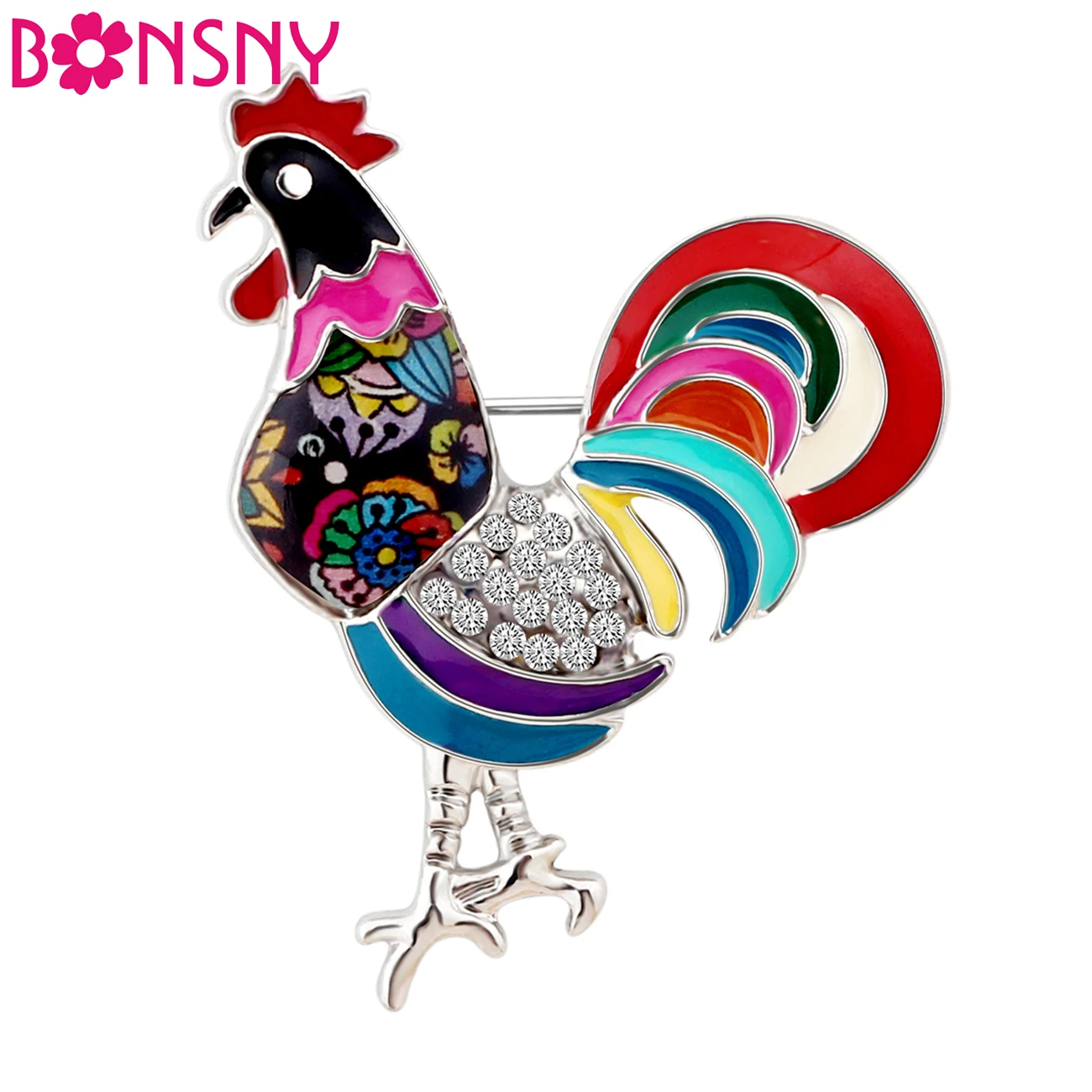 

Bonsny Statement Enamel Alloy Rhinestone Floral Chicken Rooster Brooches Pin Farm Animal Jewelry For Women Girls Gifts Charm Hot