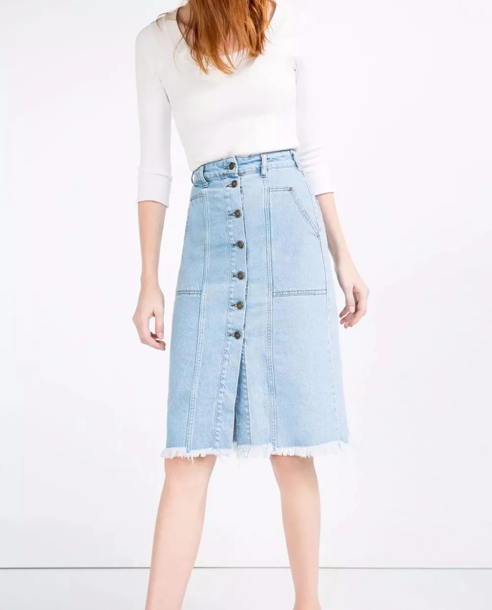 Light Blue Knee Length Denim Skirt