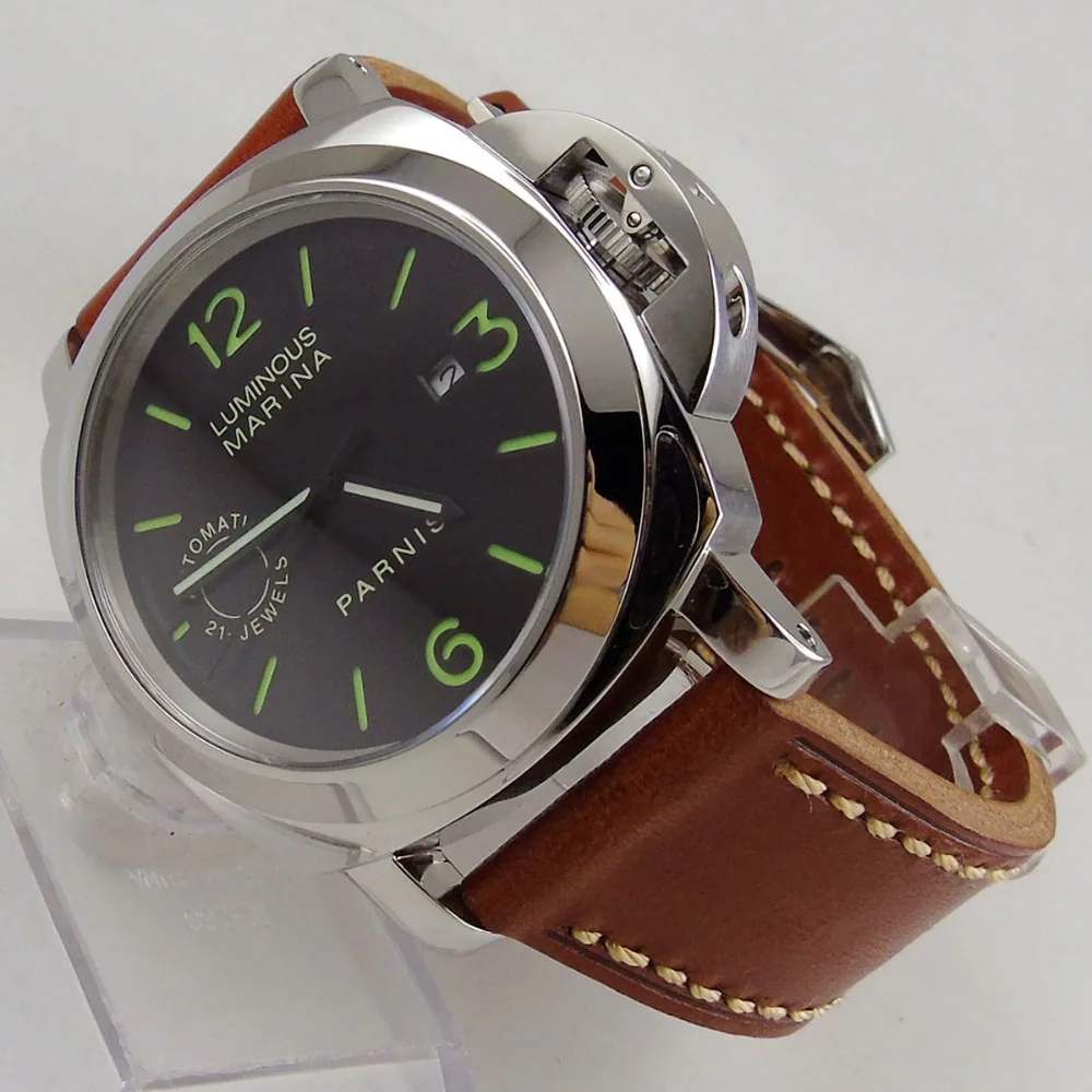 44mm Parnis Luxury Quality black mechanical automatic wrist watch men waterproof diver pilot sapphire luminous leather PA939