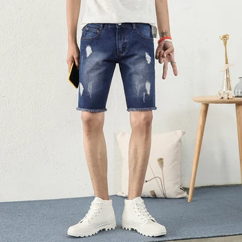 

Men Summer Denim Shorts Blue Holes Short Jeans Good Quality Men Cotton Straight Short Jeans Large Size Denim Shorts Size36