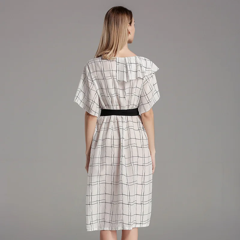 Women Midi Dress Geometric Print Summer Dresses Silk Short Sleeve Vestidos Mujer Office Lady Slim A-line Elegant Dress 2019