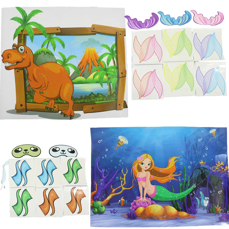

1set Pin The Tail Mermaid Dinosaur Game Birthday Party Decorations Kids Make a Dino Little Mermaid Gift Toy Kids Favor