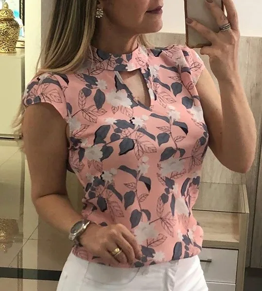 

New Elegant Flower Print Short Sleeve Chiffon Blouses 2019 Womens Tops Blouses Streetwear Slim Shirts Blusas Femininas Elegant