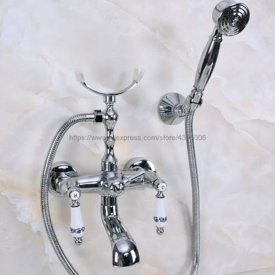 

Polished Chrome Wall Mount Tub Faucet with Handshower Telephone Style Wall Mount Dual Handles Bathtub Sink Mixer Taps Bna240