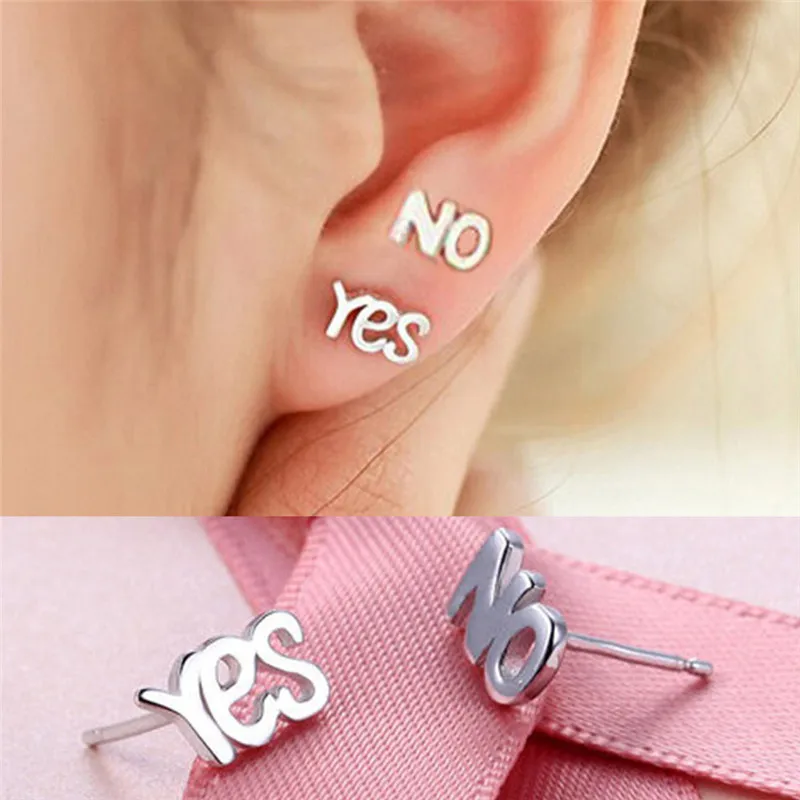 

1 Pair Vintage Small Huggies Earings Fashion Jewelry Cheap Silver Color Yes No Letters Stud Earring For Women