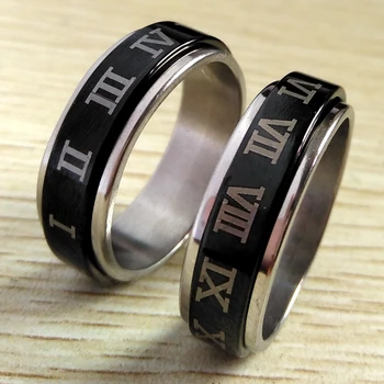 

30pcs Roman Numerals Black 316L Stainless Steel Spinner Rings 8mm Men's Band Spin Ring Wholesale Fashion Jewelry