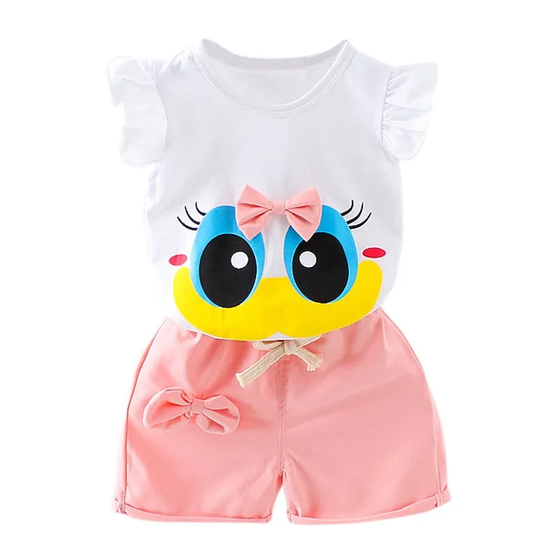 

Toddler baby girls summer clothing sets Long Eyelashes Toddler Girl Vest Pants Pure Cotton Suit Kids Clothes