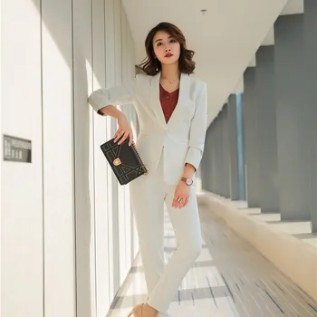 

Fashion Formal Blazer Women Business Suits with Pants and Jacket Sets Ladies Work Wear Office Uniform Designs Elegant White