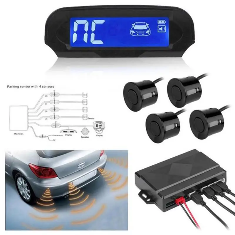 Беспроводной солнечной энергии lcd комплект автомобильных датчиков парковки Automovil Реверсивный резервный радар-детектор система помощи с 4 датчиками s - Название цвета: Black