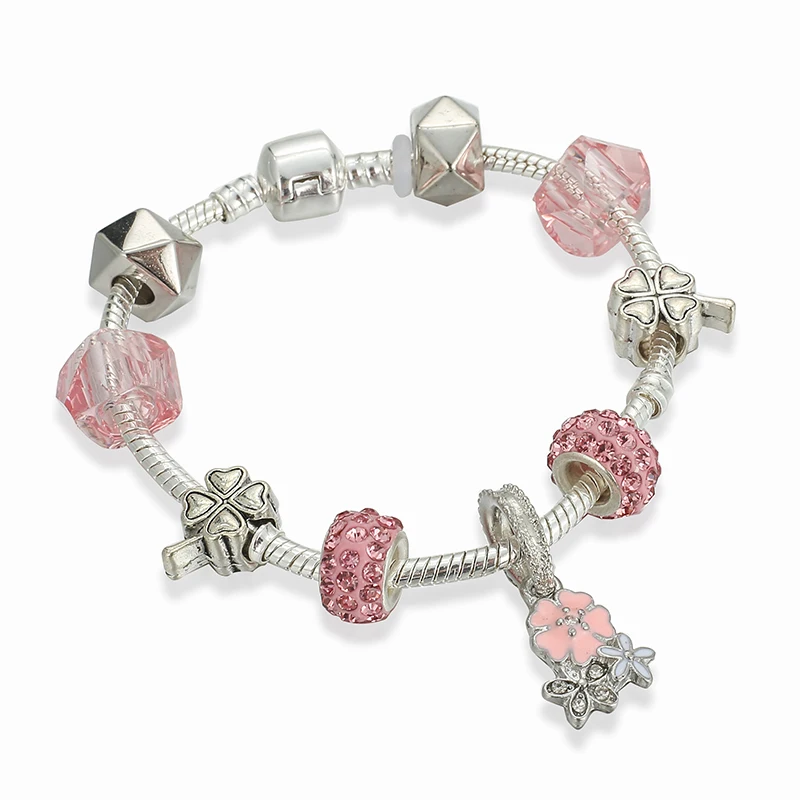 

Kaisai Fashion Silver Color Pink Crystal Charm Bracelet for Women DIY Beads Pandora Bracelets & Bangles Jewelry Gift