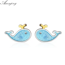 Anenjery милые маленькие синие серьги в виде Кита 925 пробы Серебряный, Морской животных серьги для женщин девушки подарок Букле д 'ореиль S-E646