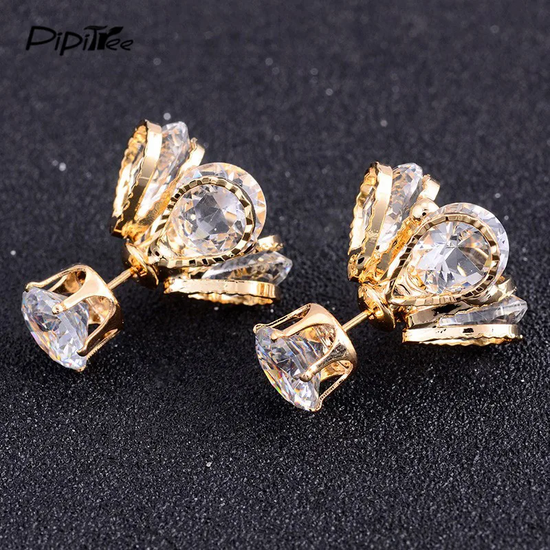 Pipitree Роскошные Двухсторонние серьги-гвоздики с цветочным украшением из серьги с камнями Для женщин ювелирные изделия из золота Цвет Свадебные CZ Кристаллические серьги для женщин Brincos, можно носить